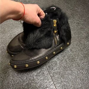 Baldinini Real Black Fur-Trimmed Boots Sz 37